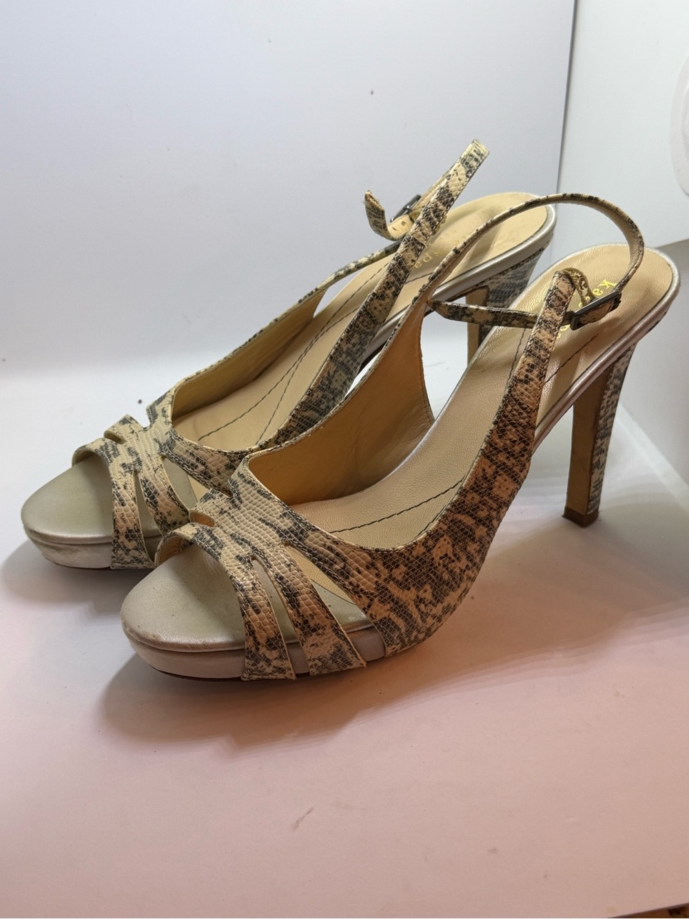 kate spade Beige Snake-Print Slingback Peep-Toe Heels